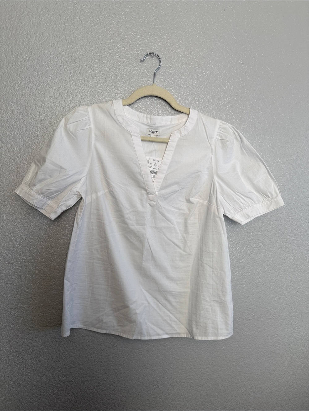 J. Crew White Cotton Split-Neck Puff Sleeve Blouse